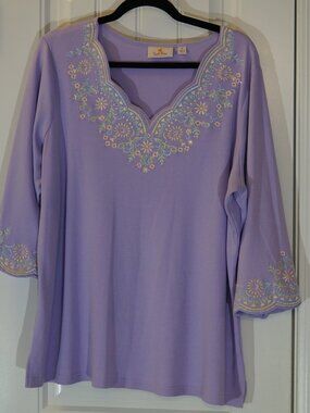 Quacker Factory Lacy Scallop Embroidered 3/4 Sleeve Top Size XL